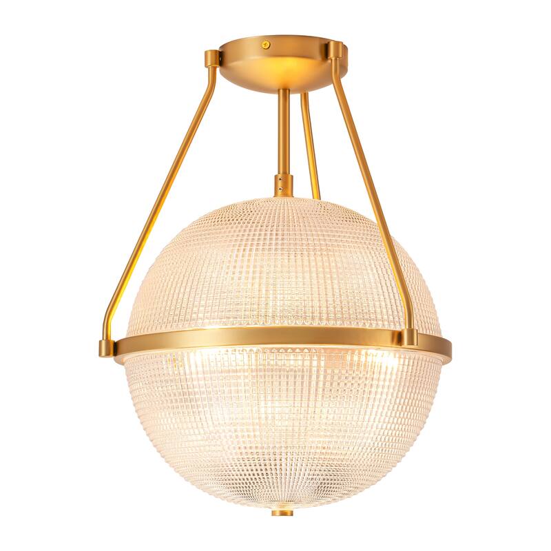 3-Light Mid-Century Modern Grid Textured Glass Globe Bubble Semi-Flush Mount Light for Dining Room - 13.7 in. W x 17.1 in. H