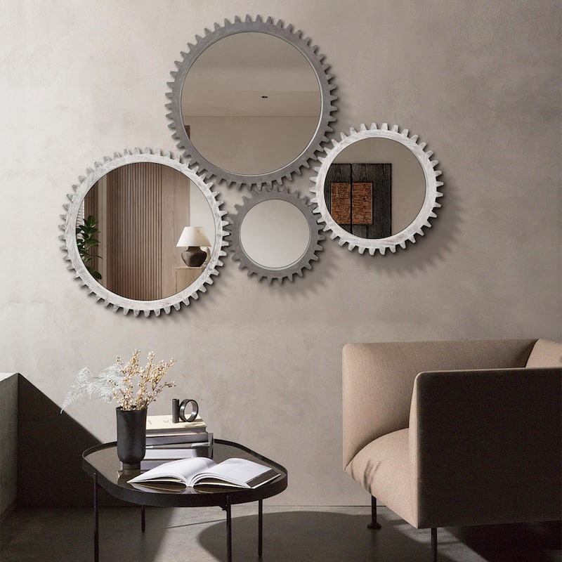 Vintage 17" D Wood Round Hanging Gear Shape Decorative Mirror