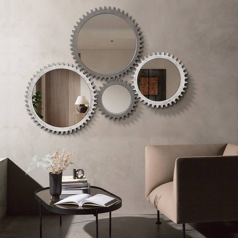 Vintage Wood Round Gear Shape Decorative Mirror - Antique Dark Brown, Bathroom, Living Room - Dark Brown