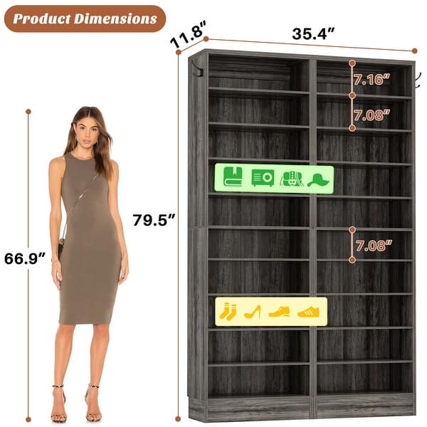 dimension image slide 4 of 10, Freestanding 10-Tier Shoe Storage Cabinet,Narrow Wood Shoe Rack Shoe Organizer,Sturdy Closet Organizer Open Display Cabinet