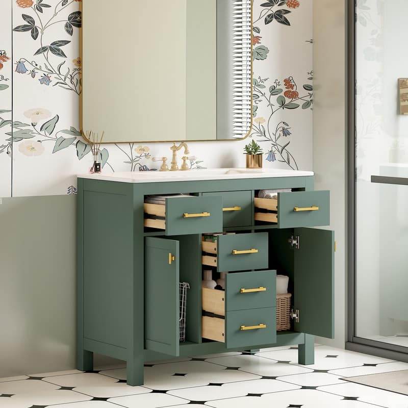 36" Bathroom Vanity with Ceramic Sink, 4 Drawers & 2 Cabinets
