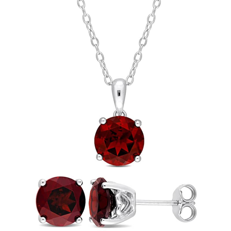 Miadora Gemstone Birthstone Earrings and Necklace Set Sterling Silver - Garnet | January