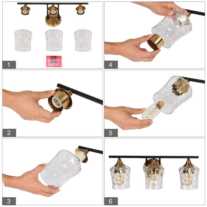 3-Light Modern Bathroom Vanity Light Dimmable Black Gold Glass Wall Sconce - 20" L x 7" W x 7" H