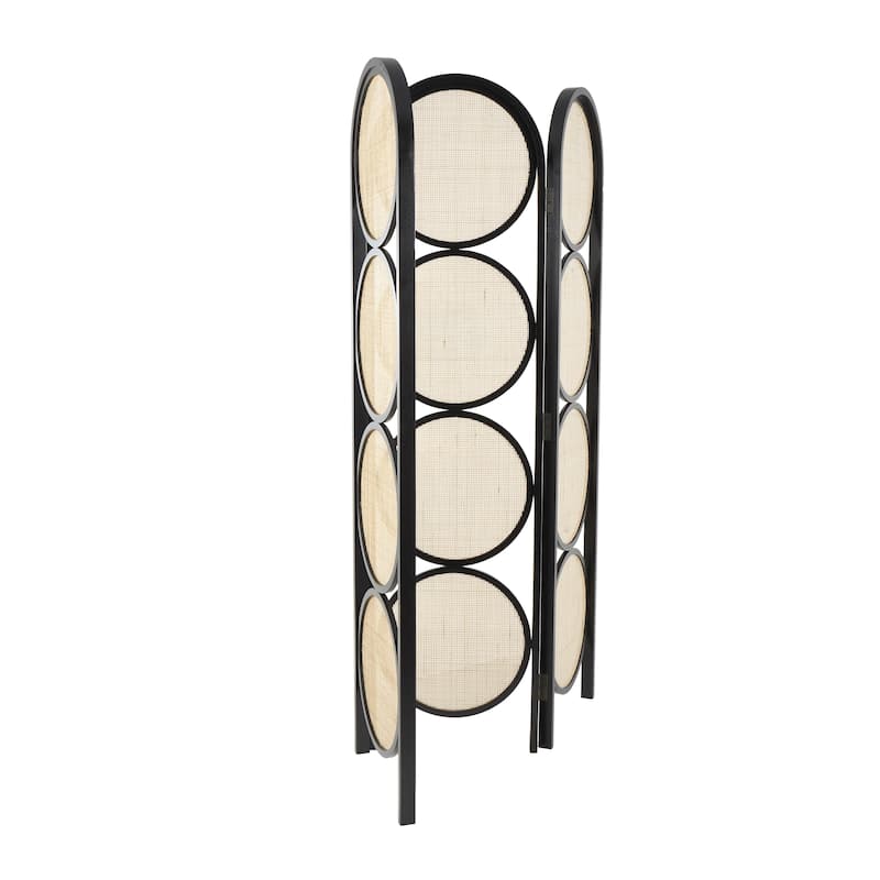 Wooden Geometric Handmade Arched Foldable 3 Panel Room Divider Screen with Woven Circular Cutouts - Black - Roche River Decor