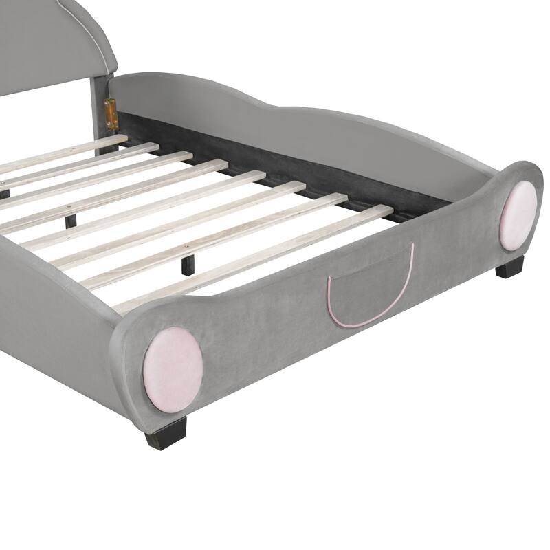 Full Size Velvet Bed with Bear-Shaped Headboard and Storage Pockets - Cozy, Fun, and Practical for Children's Bedrooms