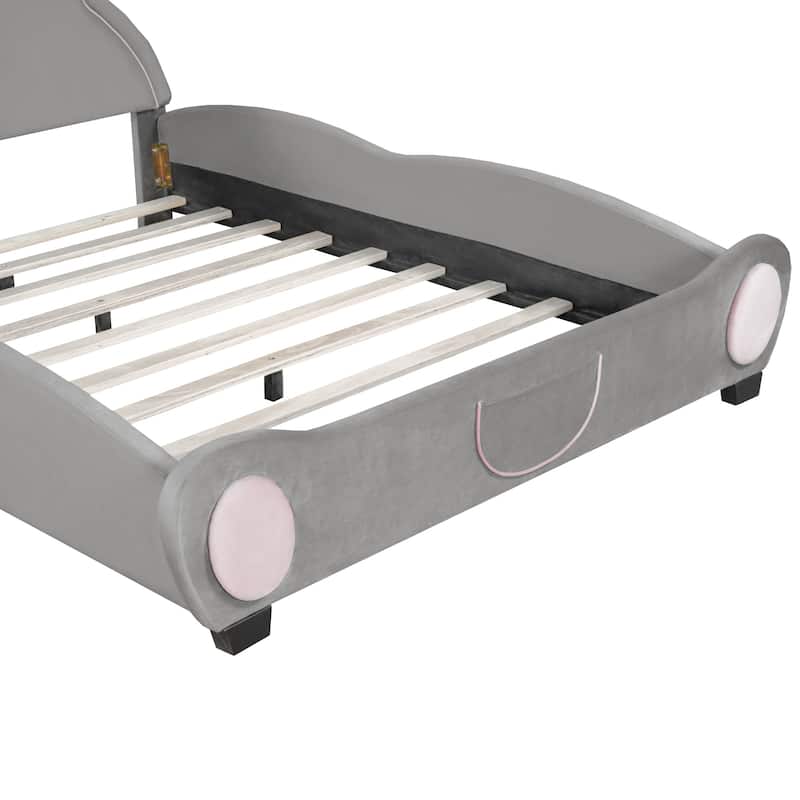 Full Size Velvet Platform Bed with Bear-Shaped Headboard & Bed-End Storage Pocket, Beige