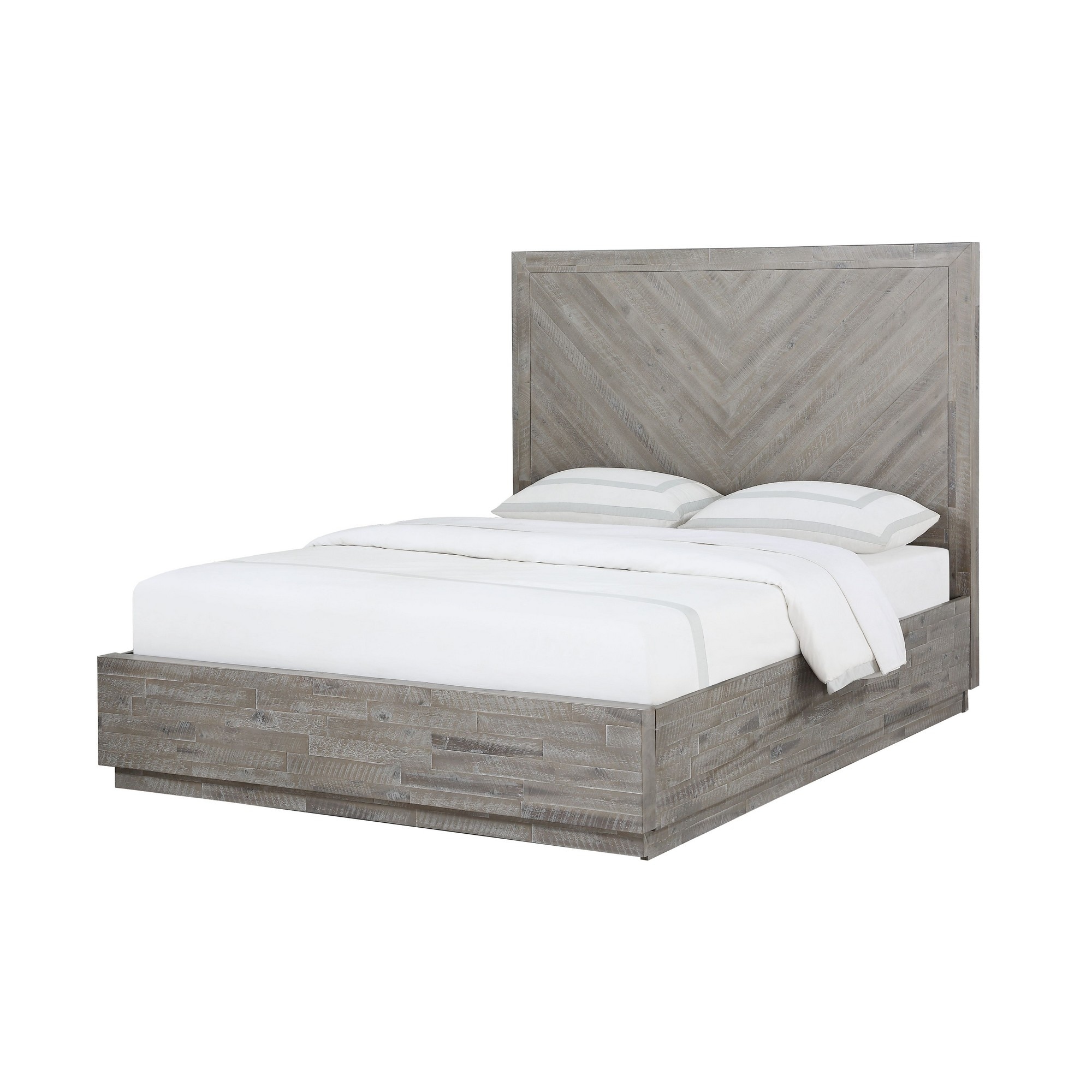 Alliso King Size Bed, Tall Panel Headboard, Herringbone Style, Gray Acacia