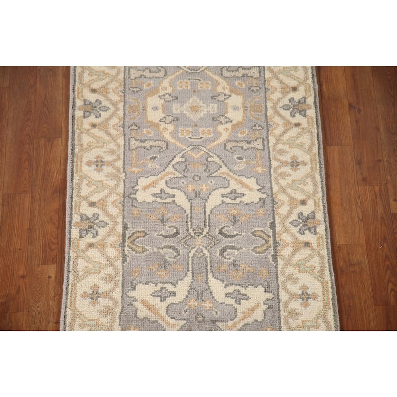 Grey Floral Oushak Runner Rug Hand-knotted Wool Carpet - 2'7"x 10'2"