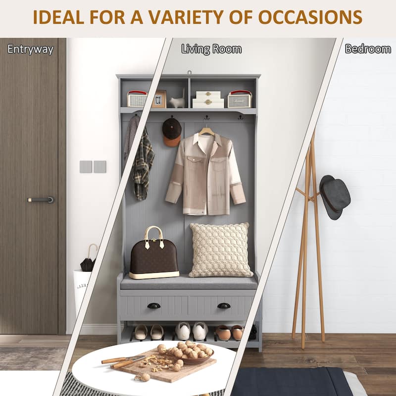 Hallway Hall Tree Cabinet Storage Cabinet with Comfortable Seating and Slatted Shoe Shelf, Coat Rack with Drawers