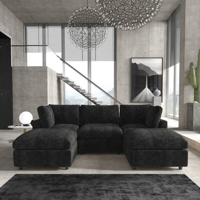 Minimalist U-shaped Upholstered Cloud Sofa 100.5" 3-Seater Chenille Modular Sectional Couch with 2 Ottomans for Living Room - Black