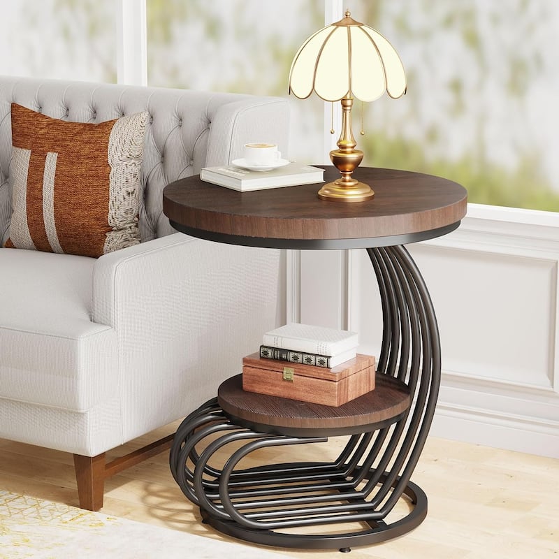 2 Tiers Round End Table with Storage Shelf