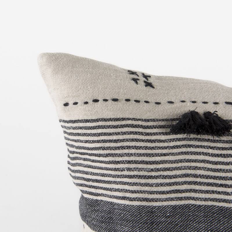 Thalia 13L x 21W Dark Gray and Cream Fabric Striped and Fringed Decorative Pillow Cover