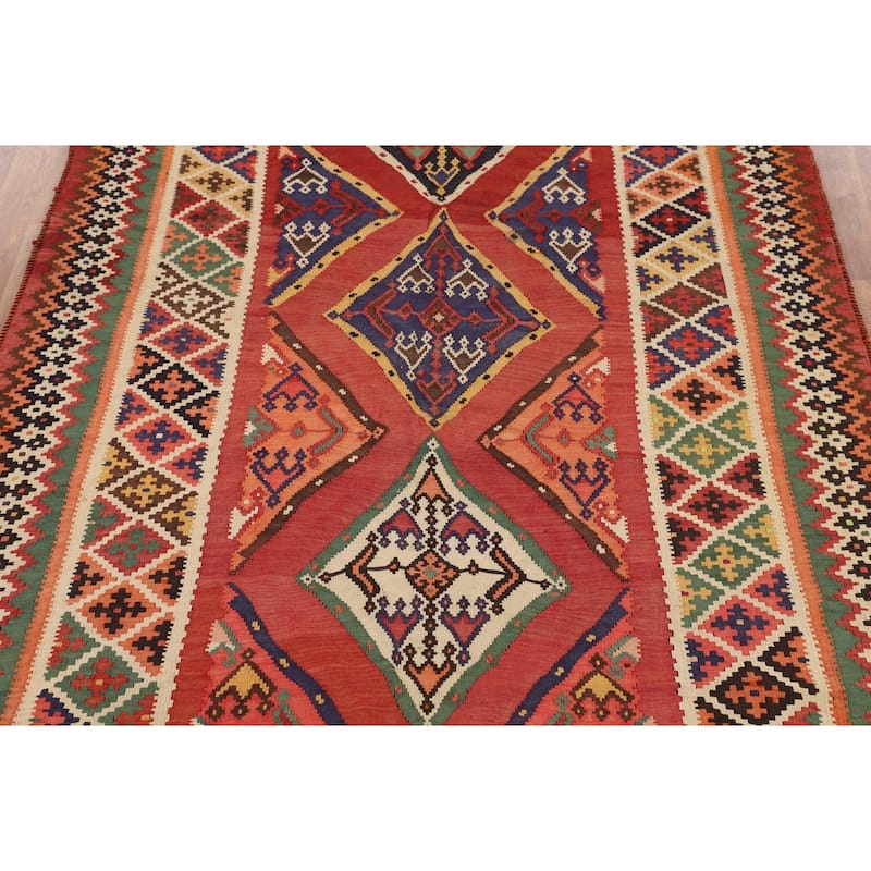 Orange Kilim Qashqai Persian Vintage Rug Flatweave Wool Carpet - 5'5"x 8'5"