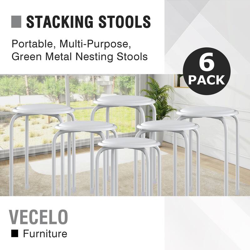 VECELO 6-Pack Stacking Stools for Living Room Backless Round Stools Set Indoor Outdoor Use with Metal Frame & Non-Slip Feet