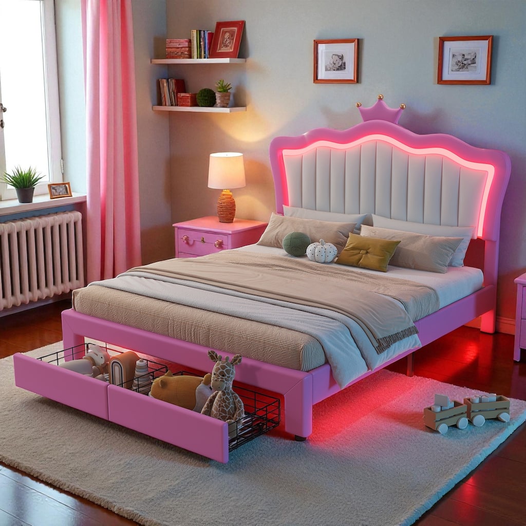 Full Size Upholstered Princess Bed with LED Lights and Crown Headboard, Platform Bed Frame with 2 Drawers and Slats