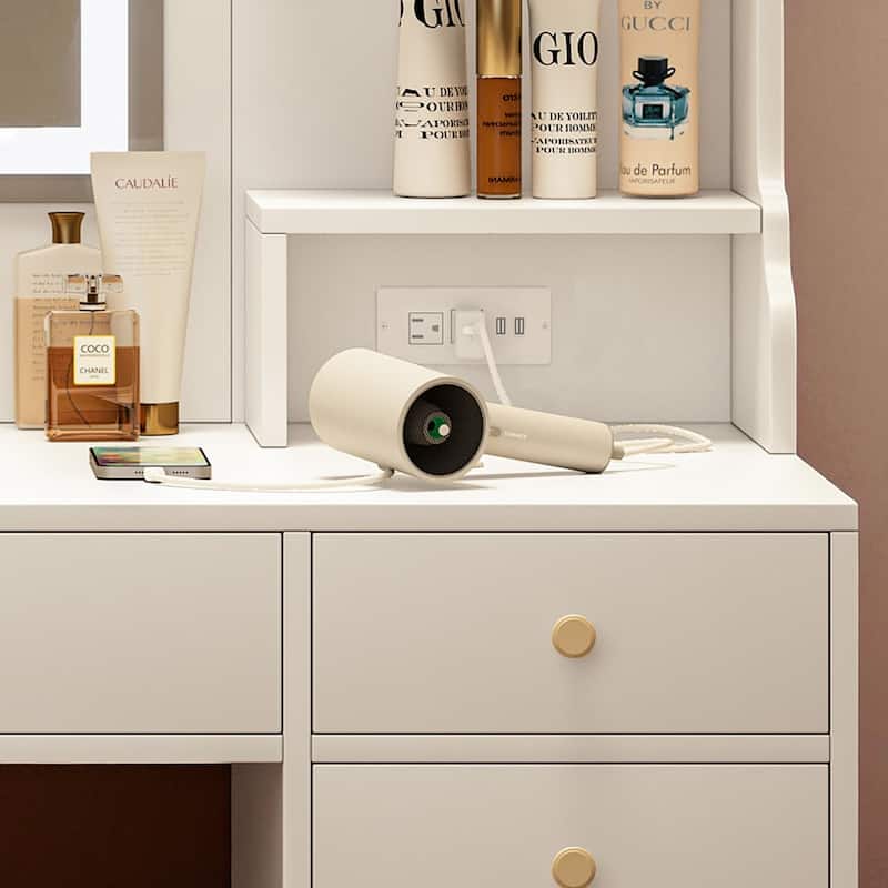 Large Vanity Table Set with Mirror, 6 Drawers, Shelves & Storage, Modern Makeup Dressing Desk with Golden Handles