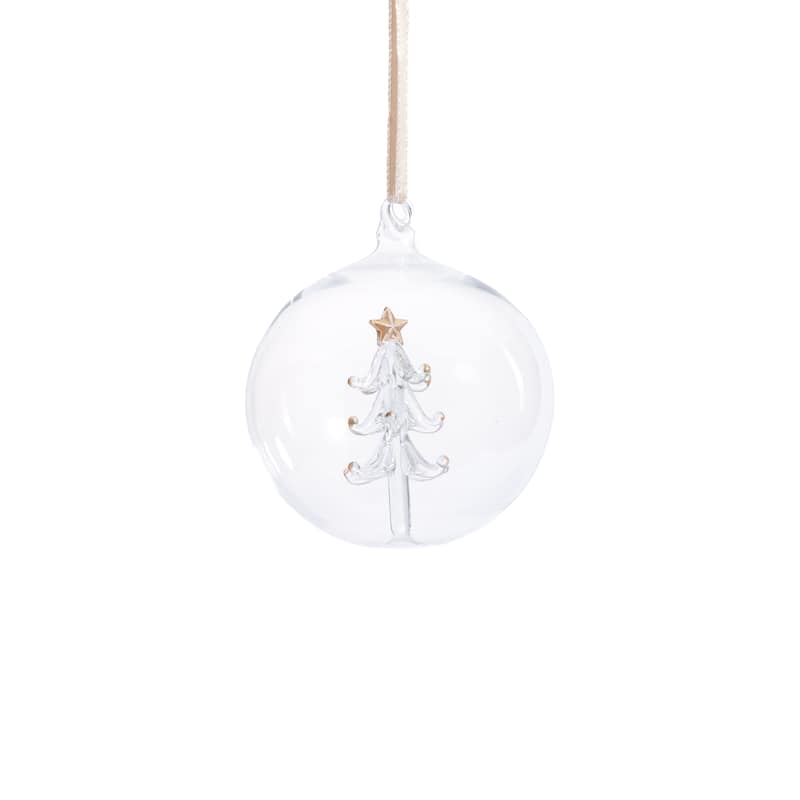 Clear Glass Ball Ornaments with Holiday Tree Motif, Set of 6, 4"