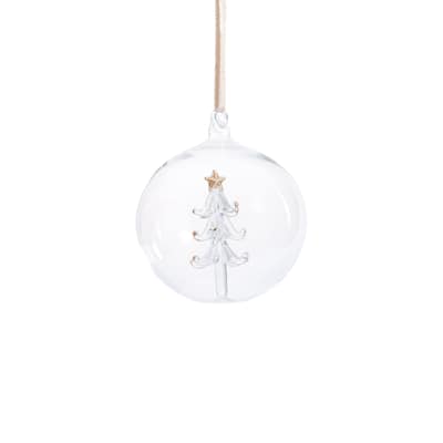 Clear Glass Ball Ornaments with Holiday Tree Motif, Set of 6, 4"