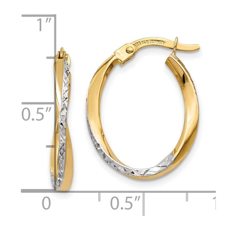 Curata 10k Yellow Gold White Rhodium Textured and Polished Oval Hoop Earrings - 17x2mm