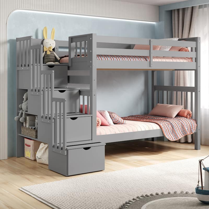 Taylor & Olive Trillium Tall Twin over Twin Stairway Bunk Bed, 4 Steps - Grey