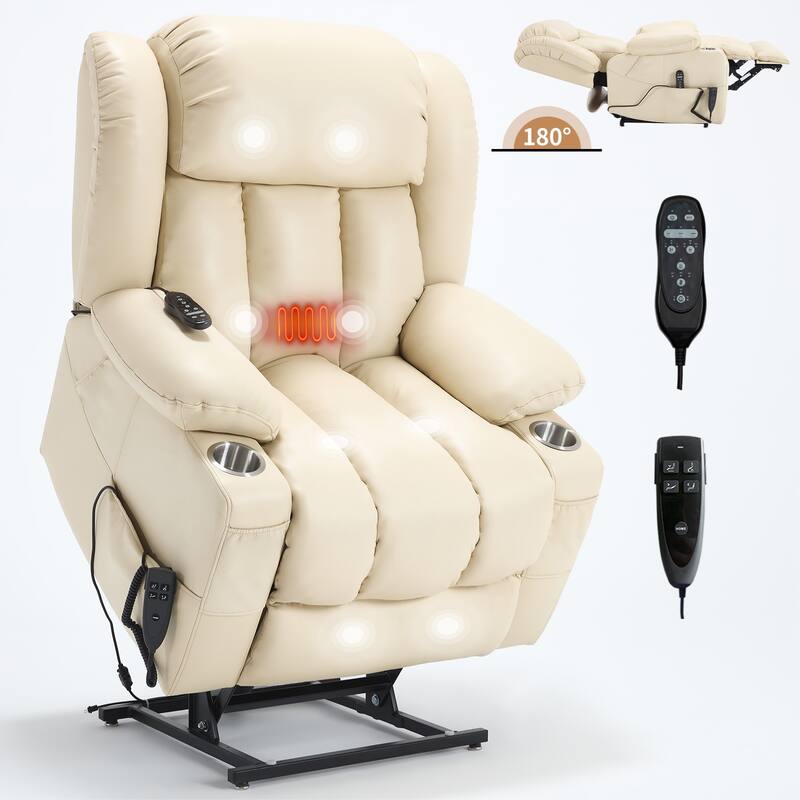 Dual Motor Faux Leather Power Lift Recliner Chair for Adult, Lazy Single Recliner Sofa w/Massage and Lumbar Heat & Cup Holders