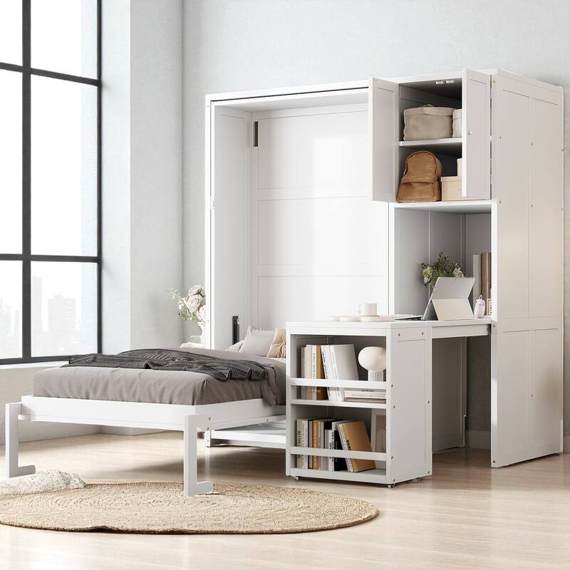 Twin Size Rotating Murphy Wall Bed with Bookshelf, Top Cabinet, Extendable Desk and Side Storage