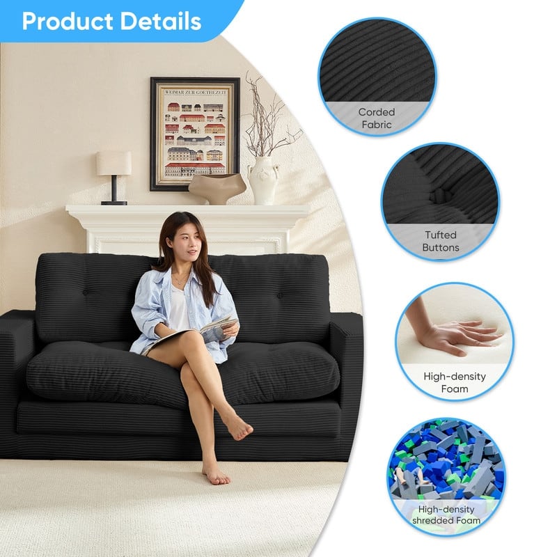 Mixoy 71'' 2-in-1 Convertible Futon Loveseat Sofa Bed,Corded Fabric Foldable Tufted Buttons 2-Seater Sleeper Sofa