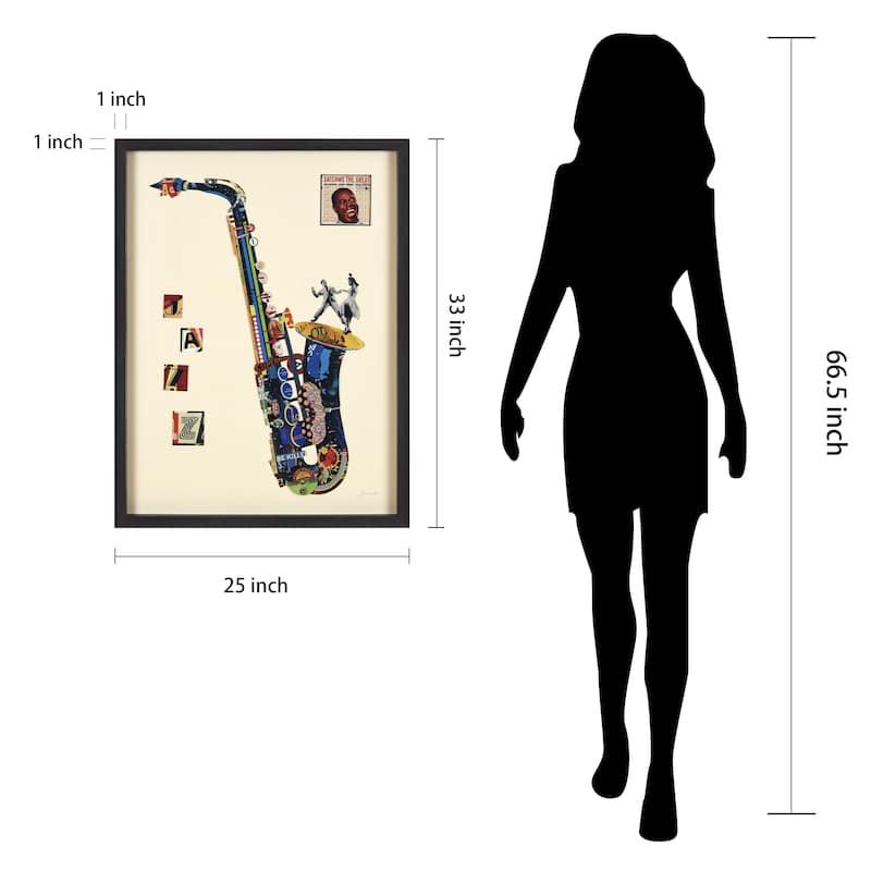 "Saxphone" Dimensional Collage Framed Graphic Art Under Glass Wall Art