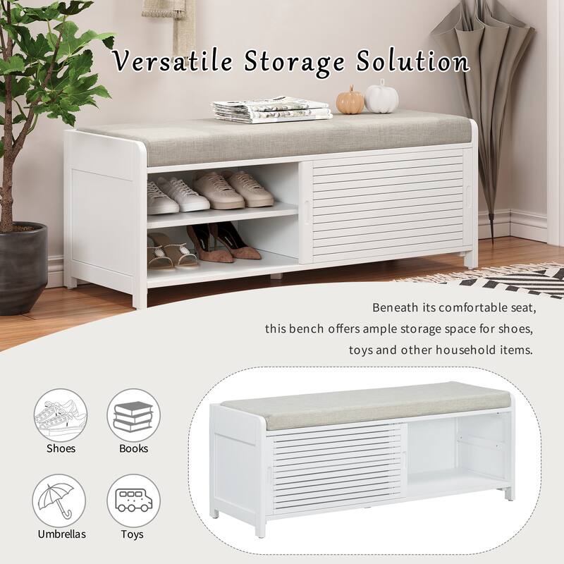 Distressed Shutter Storage Bench with Acacia Veneer for Retro Charm for Living Room, Entryway (White)