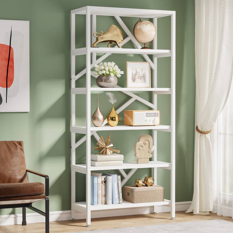 71" Industrial Bookshelf, 6 Tier Rustic Brown Wood Etagere Bookcase, Open Book Shelves