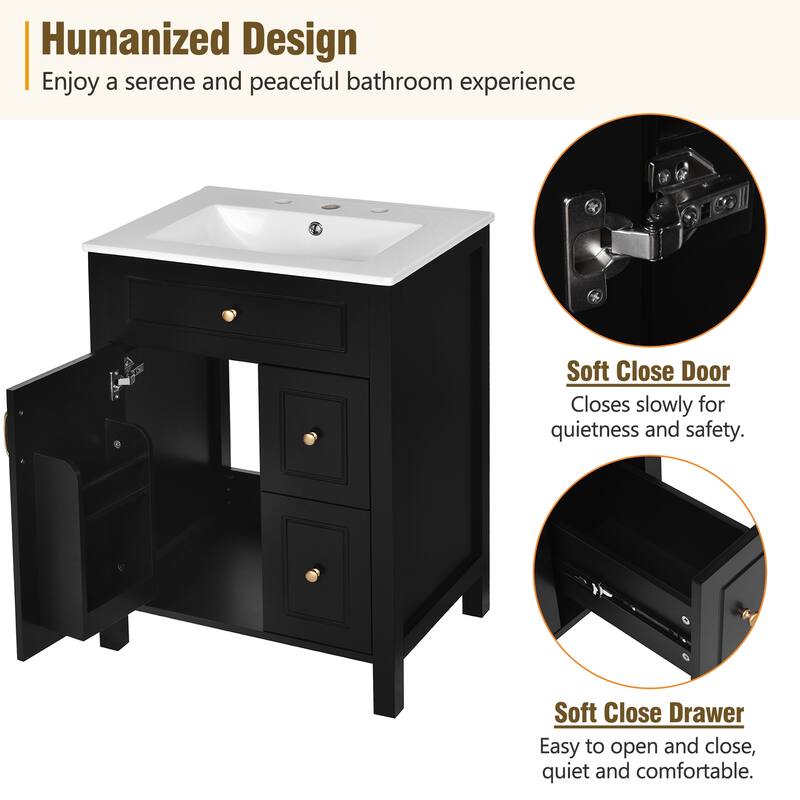 24-Inch Bathroom Vanity with Ceramic Sink, 1 Soft Close Door, 2 Soft Close Drawers, and Double Storage Racks on the Door