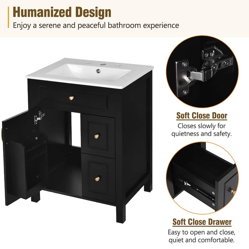 Freestanding Bathroom Vanity Compact Cabinet with Sink, 2 Drawers, Storage Door Racks, Gold Handles and Soft Close Mechanisms