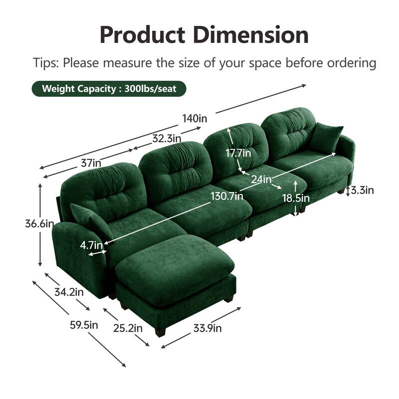 GDF Studio - Kitty Modern Chenille Upholstered Modular Sectional Sofa with Ottoman and Tufted Backrest