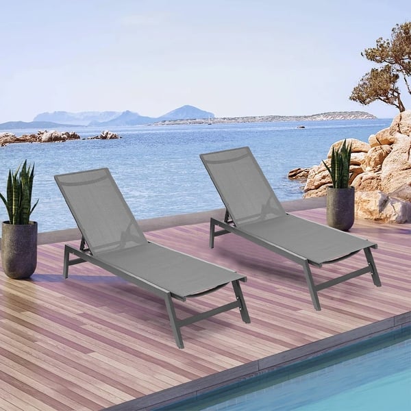 2Piece Gray Metal Outdoor Chaise Lounge Chairs with FivePosition