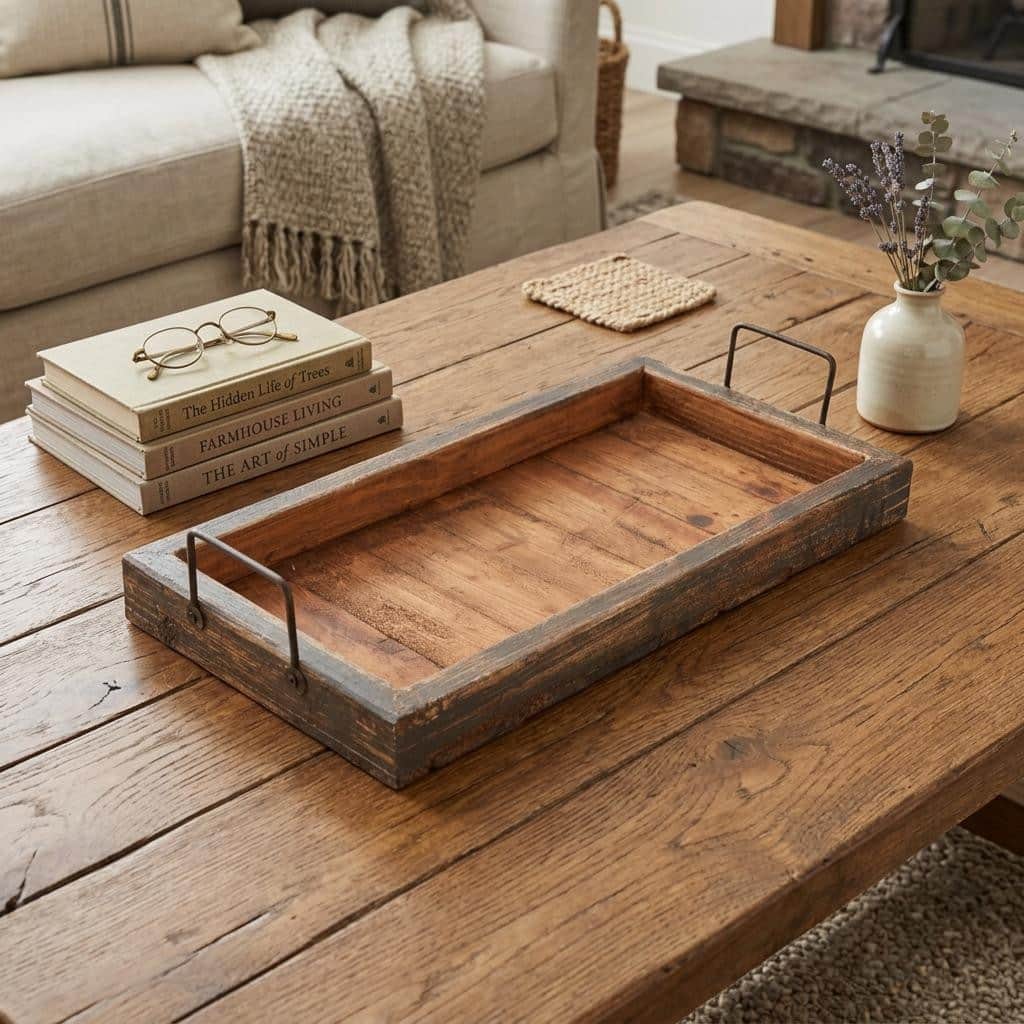 HomeRoots 21" Gray And Natural Solid Wood Handmade Serving Tray With Handles - 21.00 in. x 4.00 in. x 10.00 in.