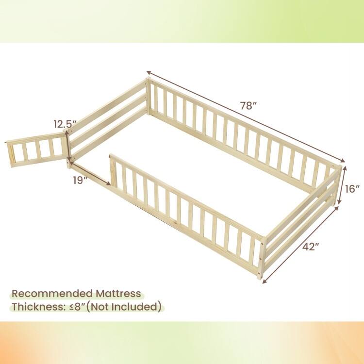 Twin Size Kids Wood Montessori Floor Bed with Door and Fence