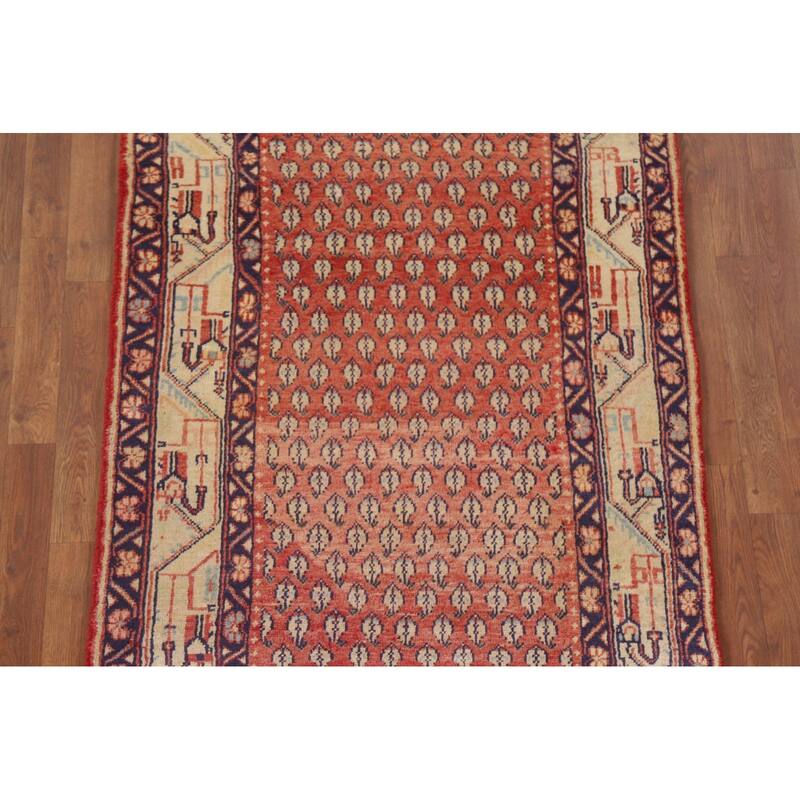 Hand Knotted Oriental 100% Wool Carpet Traditional All-Over Red Botemir Runner Rug - 10' 3'' X 3' 6''