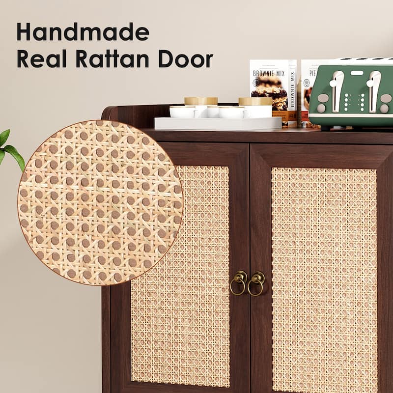 Sideboard Buffet Cabinet with Storage, Bar Liquor Cabinet with Rattan Decorated Doors, Credenza Console Tablefor Dining Room