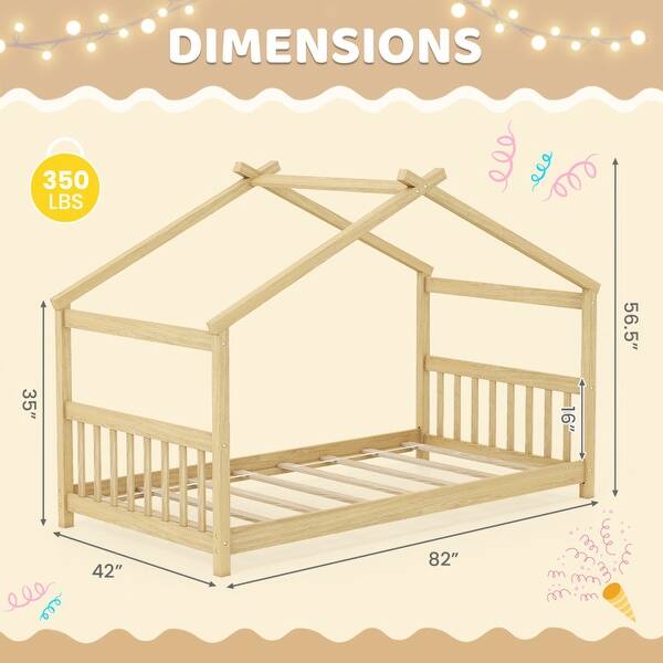 dimension image slide 1 of 2, Twin House Bed Frame for Kids with Roof Design and Wood Slat Support