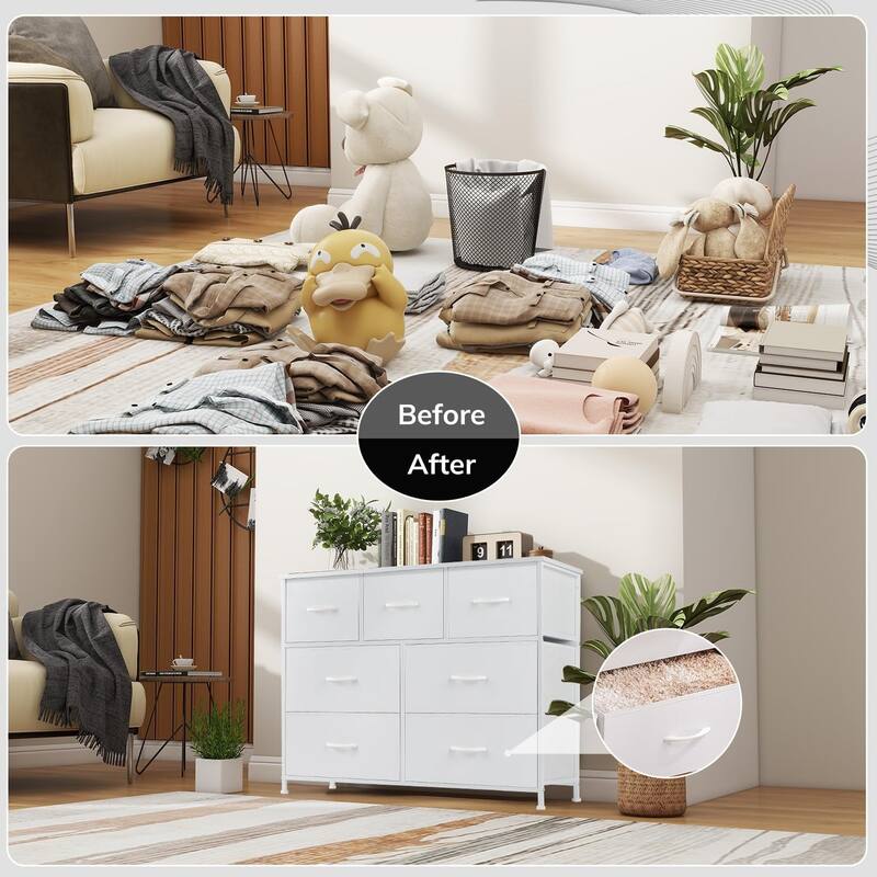 Dresser for Bedroom with 7 Drawers, Anti-Tip Wide Fabric Chests Storage Organizer Tower Furniture, TV Stand for TV up to 45 inch