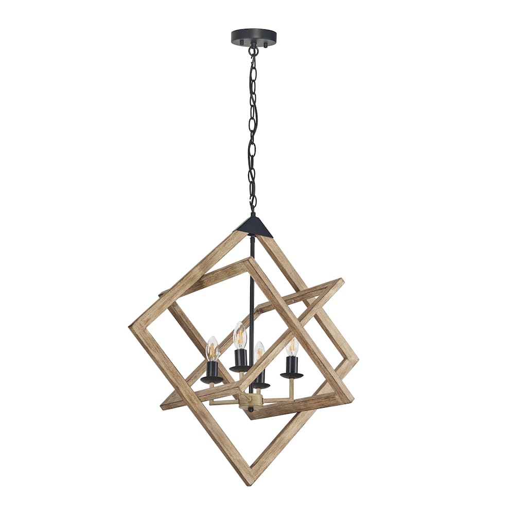 4 Light Caged Candle-Style Chandelier in Wood Painted Finish - 28.75"H x 27.6"W x 17.2"D