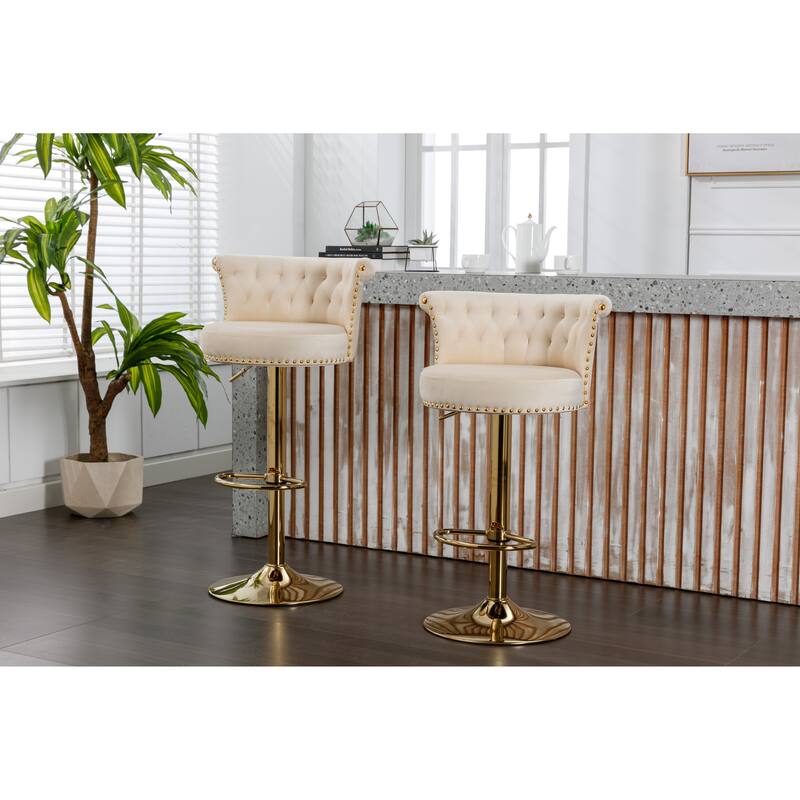 Set of 2 Velvet 360°Rotating Bar Chair, Handmade Backrest with One Click Adjustable Height Bar Chair, Very Soft Dining Chair - Beige