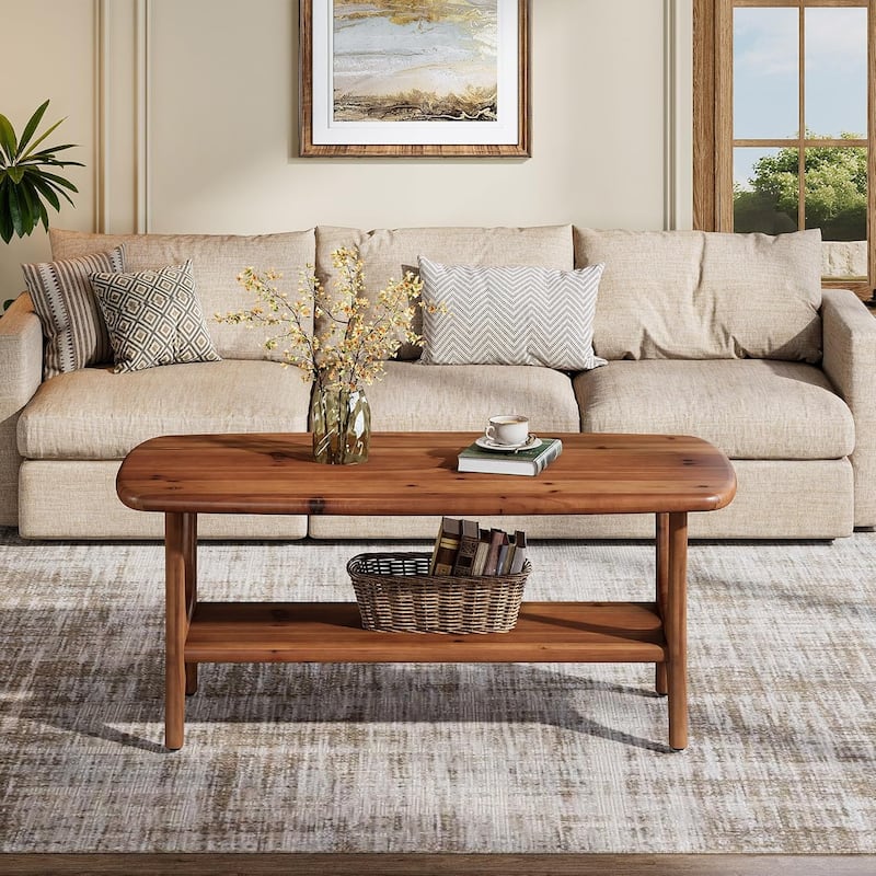 47 Inch Mid-Century Modern Solid Wood Coffee Table Living Room Table - Walnut - 47" W x 19.7" D x 19.7" H