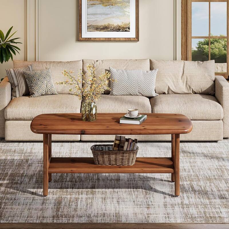 47.24” Mid-Century Modern Solid Wood Coffee Table, 2-Tier Rectangle Living Room Table
