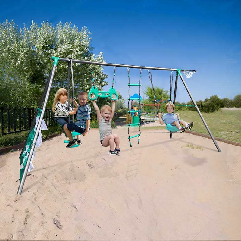 Outdoor Swing Set w/Durable Metal and Plastic, Safe Play Equipment w/Face-to-Face Swing, Basketball Hoop and Soccer Net - N/A
