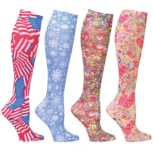 Women's Mild Compression Wide Calf Knee High Support Socks - Seasonal Print Set of 4 - Medium