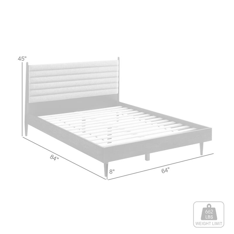 Artemio Black or Walnut Wood Queen Platform Bed Frame with Grey Upholstered Headboard