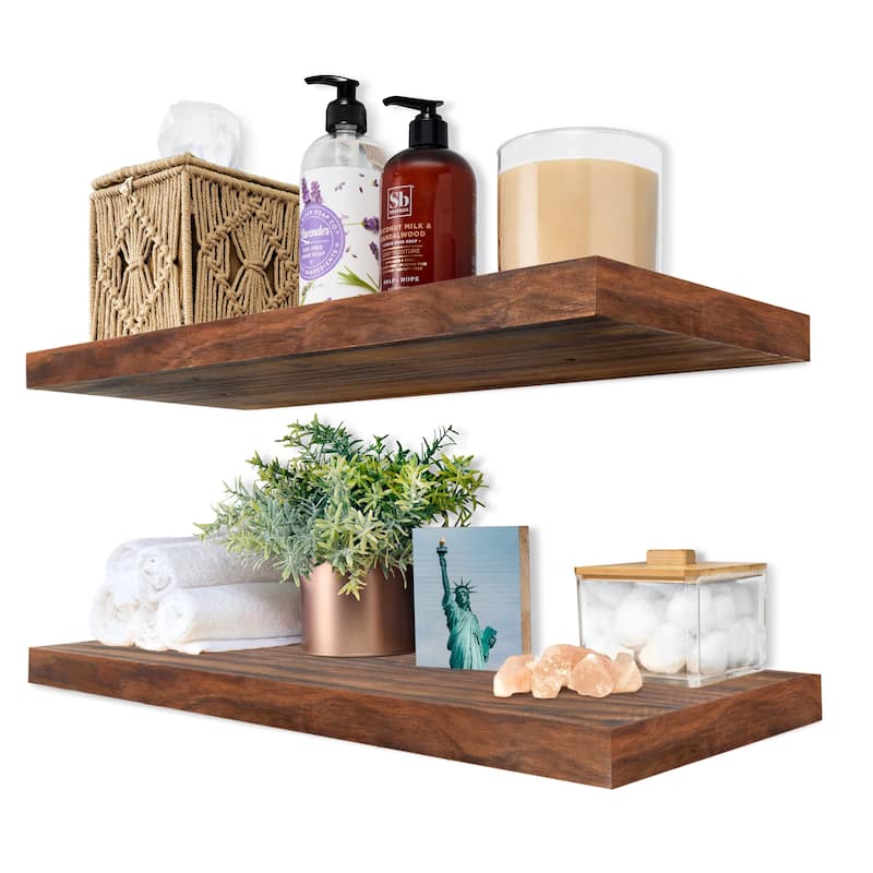 Solid Wood Floating Shelves for Wall, Set of 2 Wooden Wall-Mounted Shelves - 9” L X 24" W X 1.2” H - Walnut