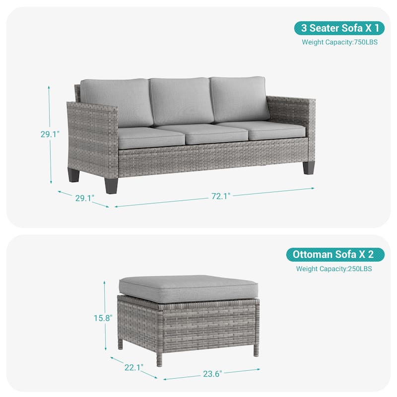 BONOSUKI 3-Piece Patio Sofa Set Grey Rattan Furniture with Ottomans