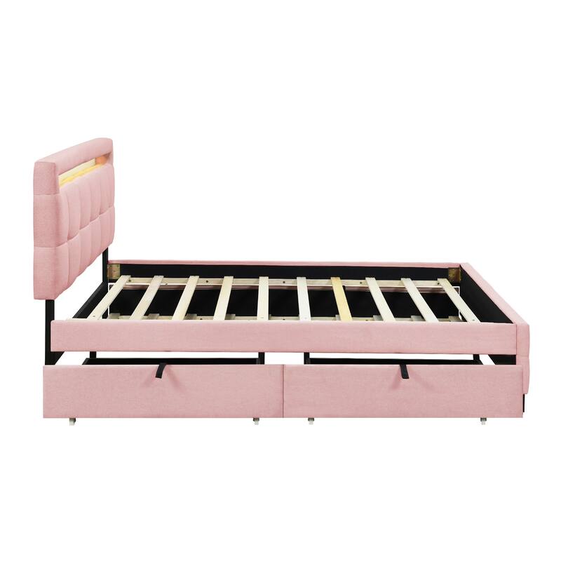 Queen Size Upholstered Platform Bed with LED Frame,with Twin XL Size Trundle